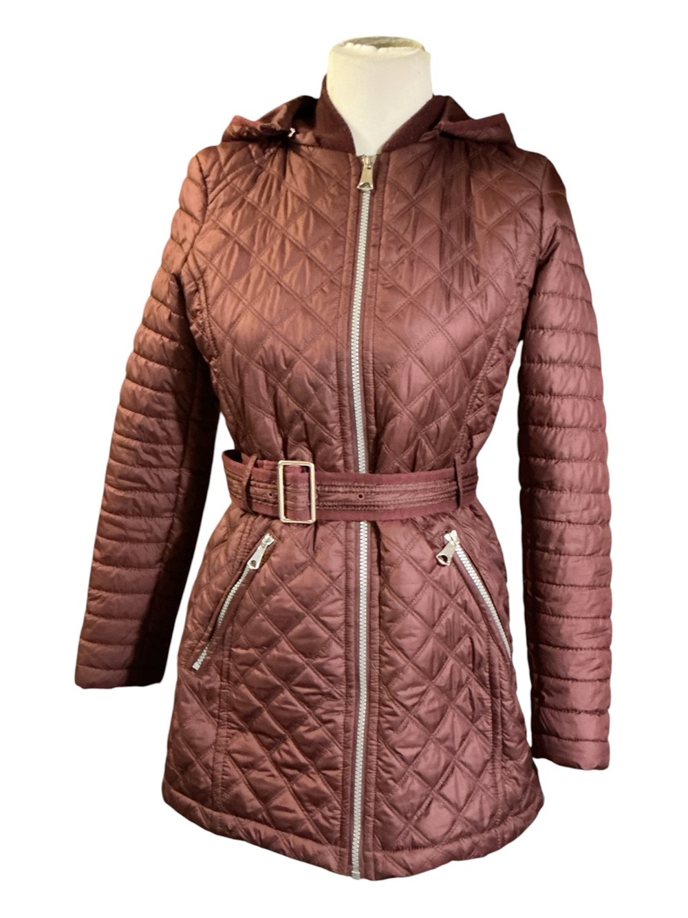 Marc New York Quilted Hooded Belted Puffer Jacket - Burgundy